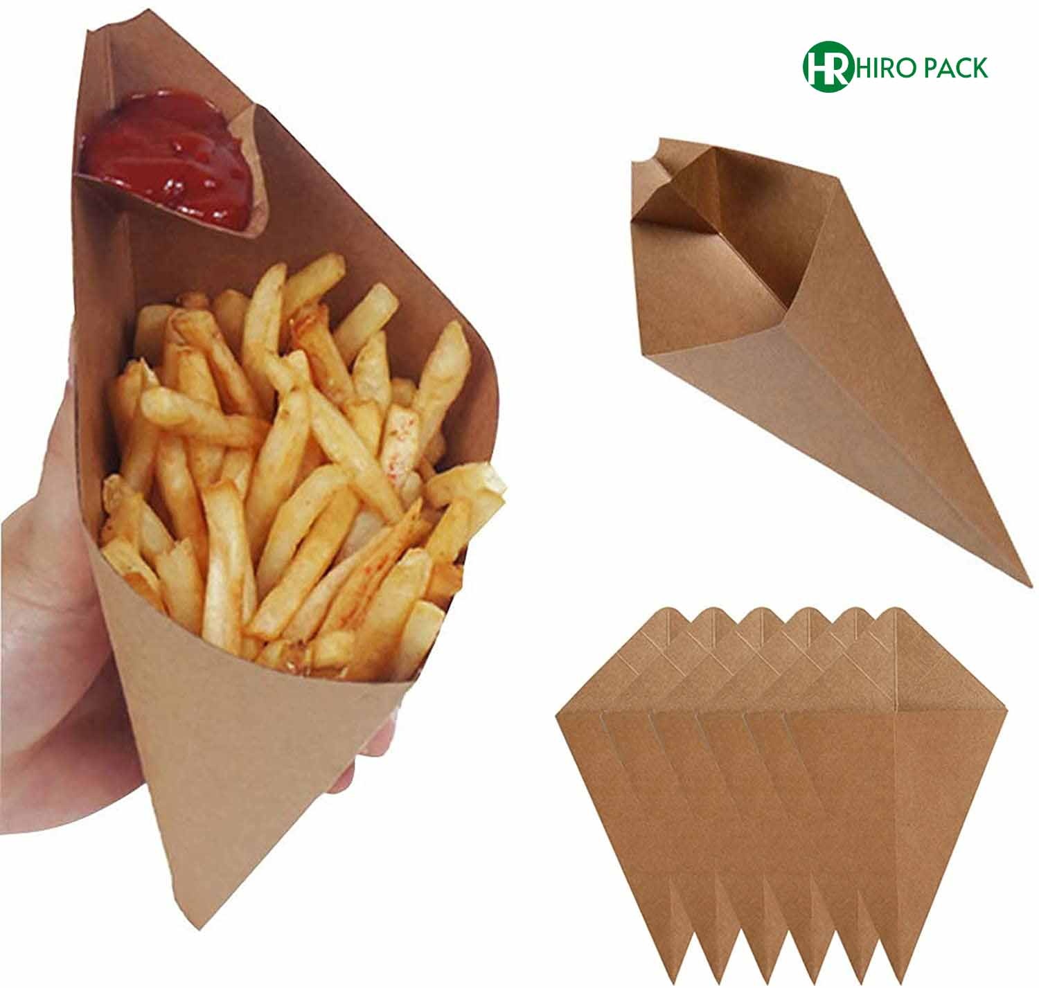 HIRO Manufactured Food Cones with Dip Pocket, Disposable Kraft Paper